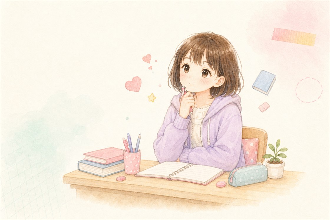 机でノートを開いて安心して考えている女の子のイラスト